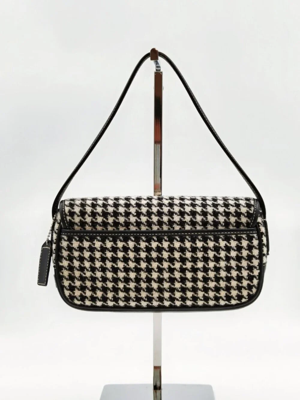 Coach Houndstooth Wool Leather Shoulder Bag Black White Handbag